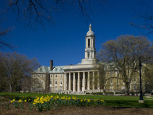 Old Main with daffodils