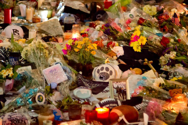 Close-up of the makeshift memorial for Joe Paterno, at Beaver Stadium